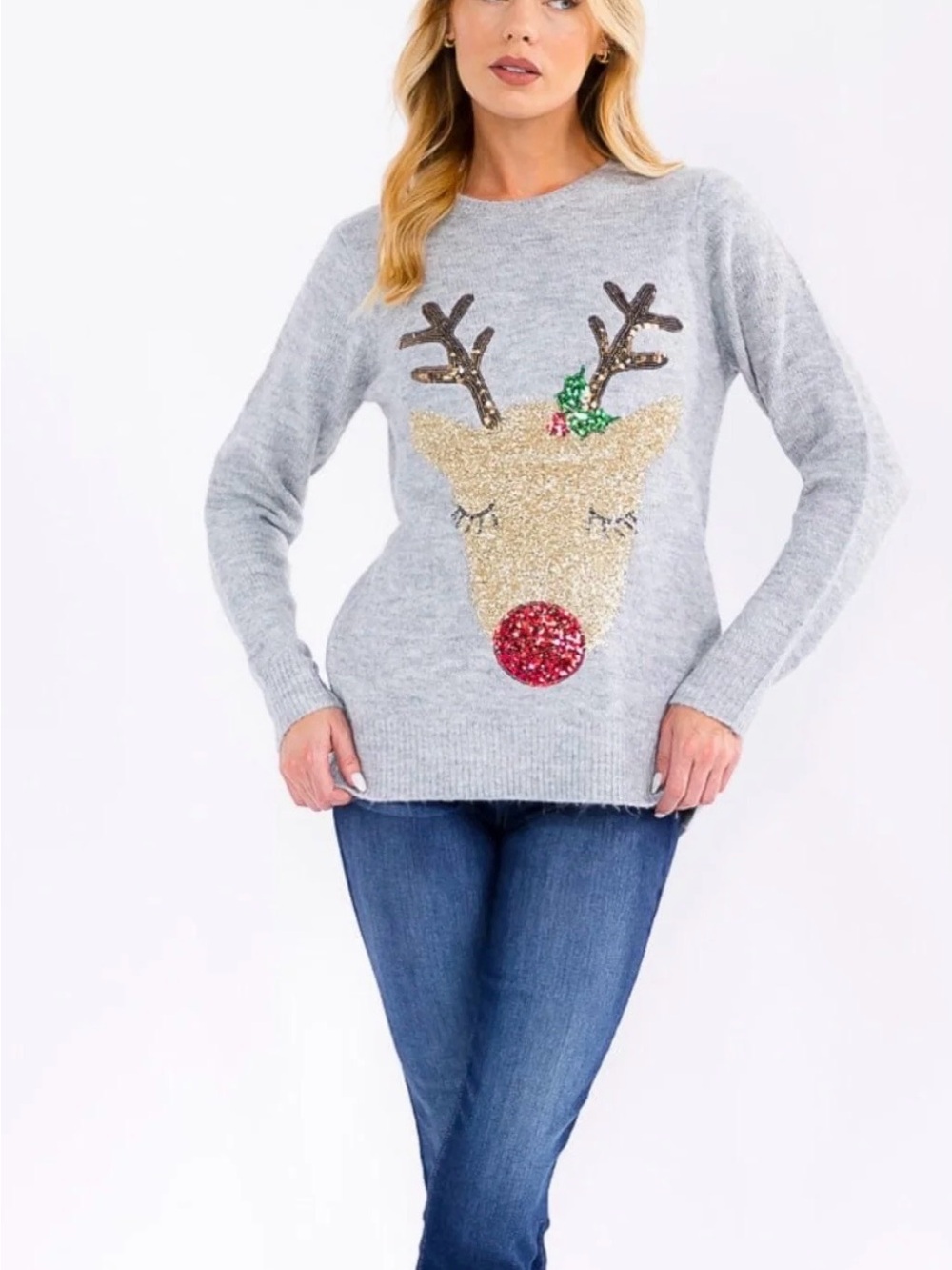 Women's Gray Reindeer Sequin Pullover Sweater